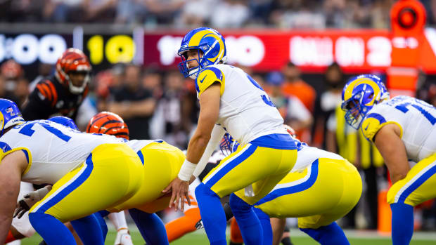 Feb 13, 2022; Inglewood, CA, USA; Los Angeles Rams quarterback Matthew Stafford (9) against the Cincinnati Bengals in Super Bowl LVI at SoFi Stadium. Mandatory Credit: Mark J. Rebilas-USA TODAY Sports